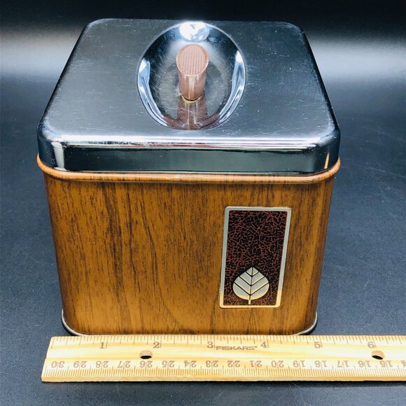 60s GSW HARMONY Rectangular Chrome Tin TEA Canister Vintage Faux Wood Finish - Picture 8 of 12